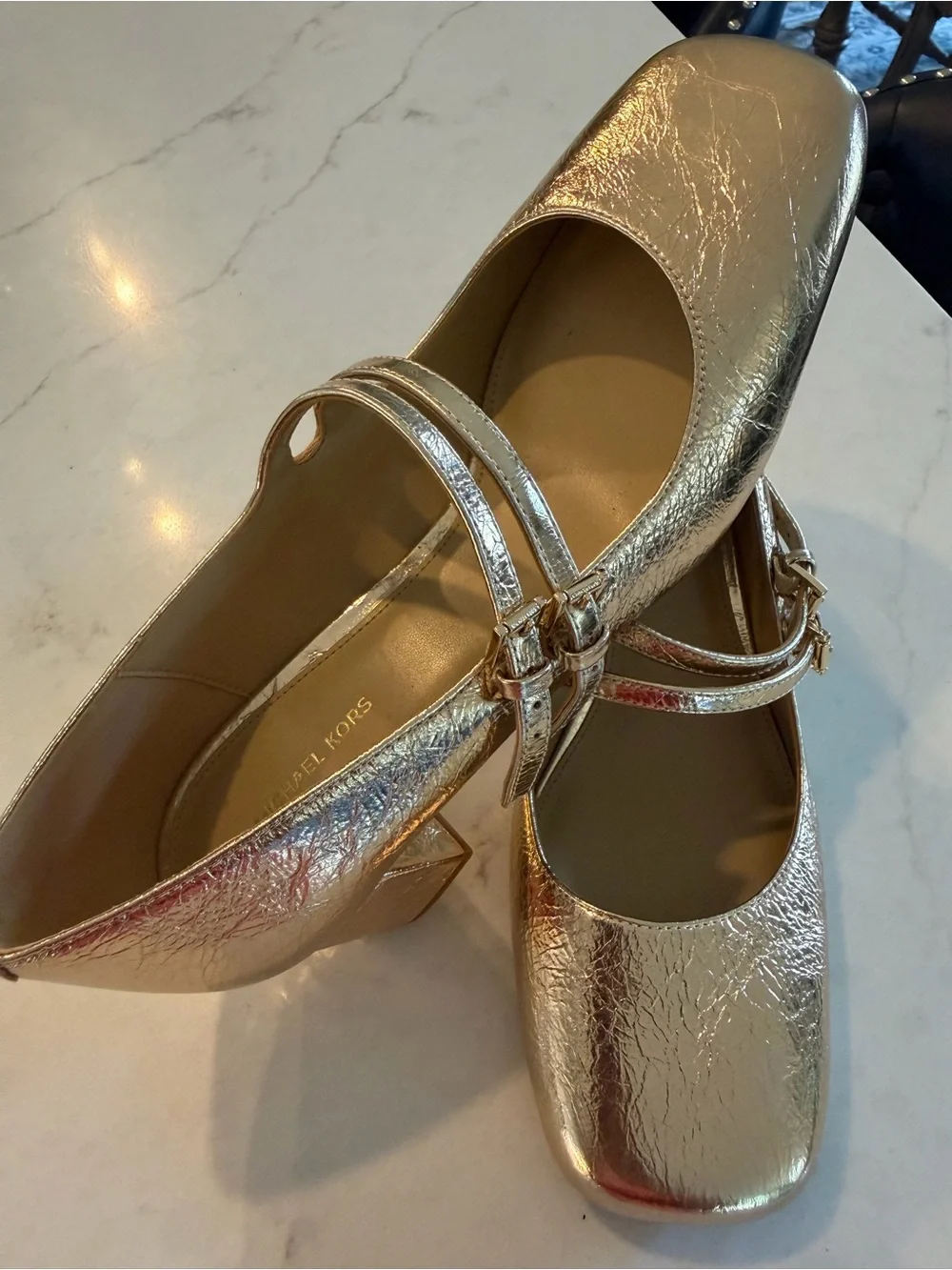 Michael Kors Crinkled Gold Double-Strap Mary Jane Flats